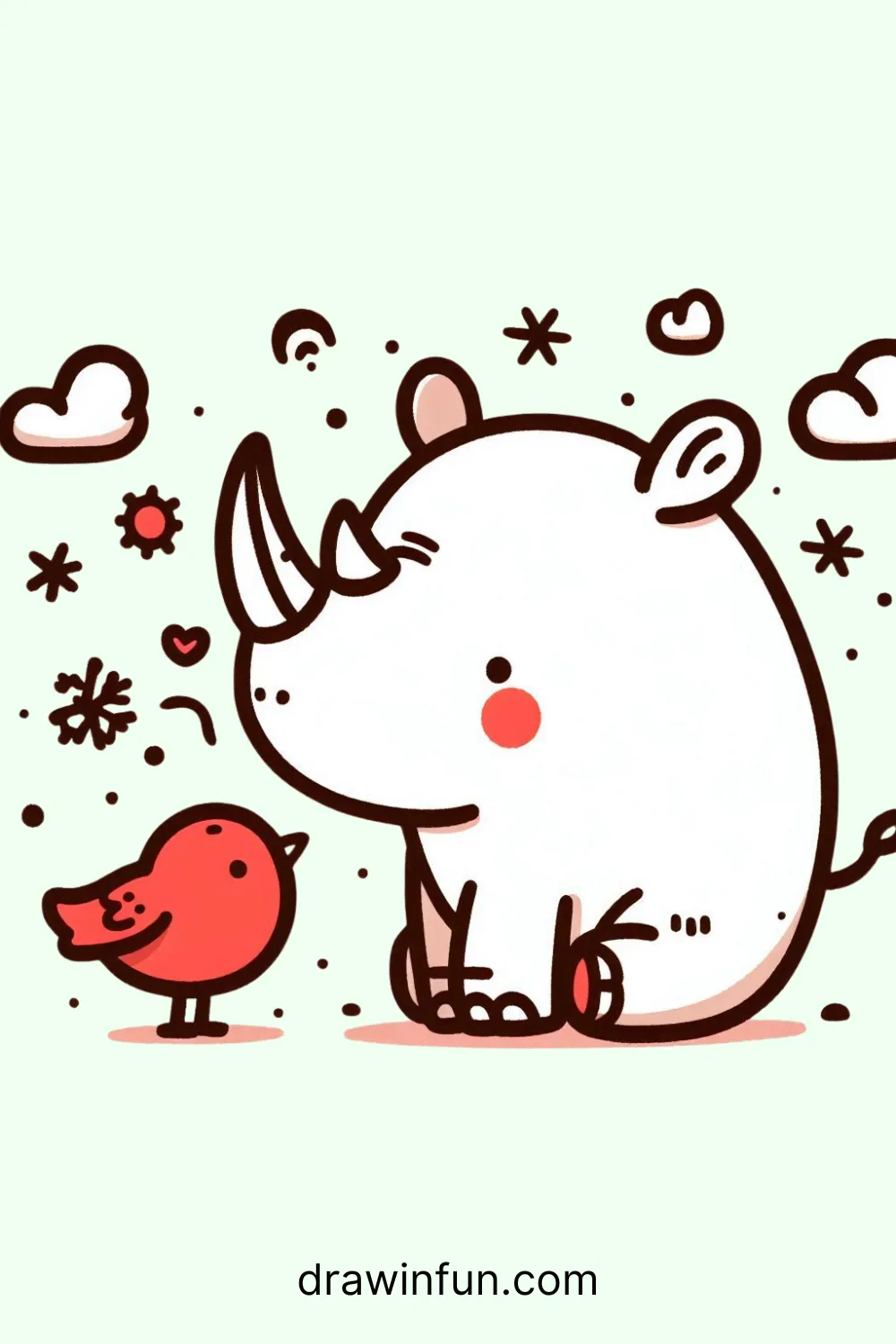 A rhinoceros with a tiny bird easy drawing