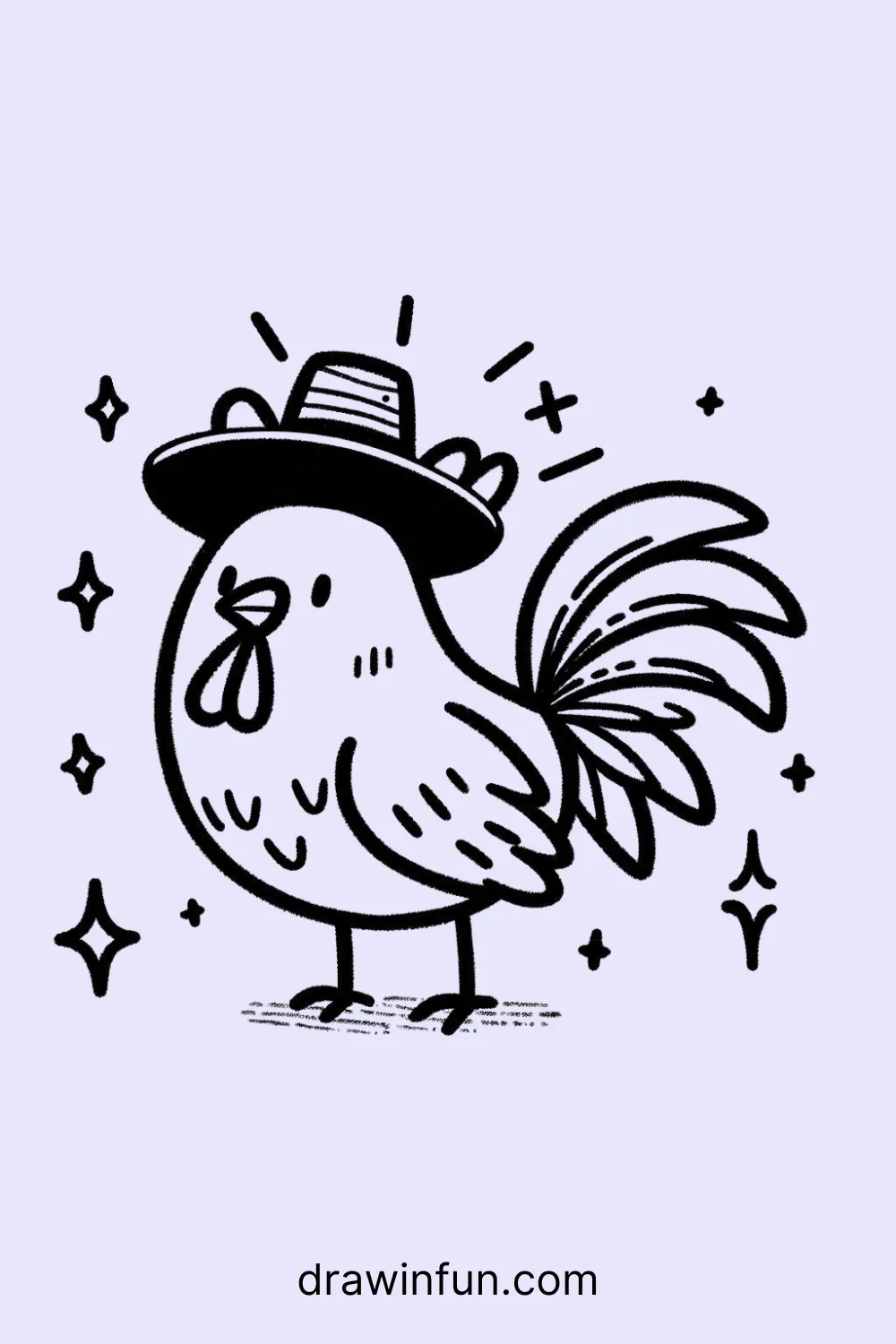 A rooster wearing a farmer's hat easy drawing