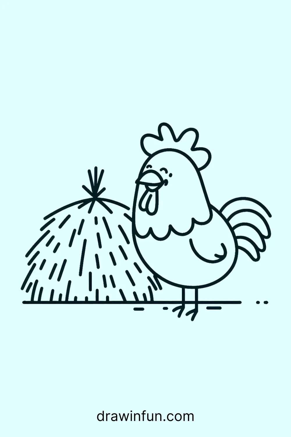 A rooster standing next to a haystack easy drawing