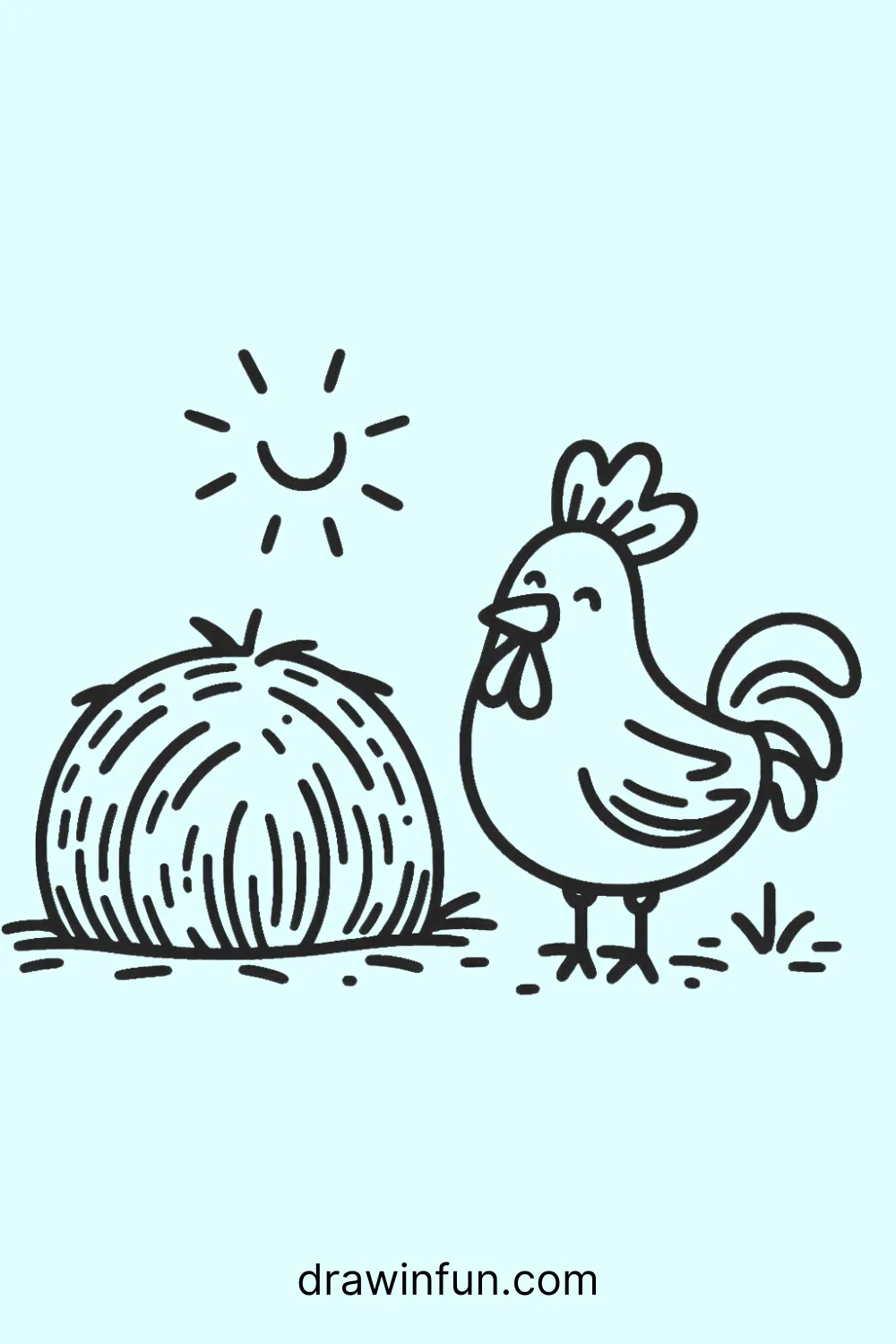 A rooster standing next to a haystack easy drawing