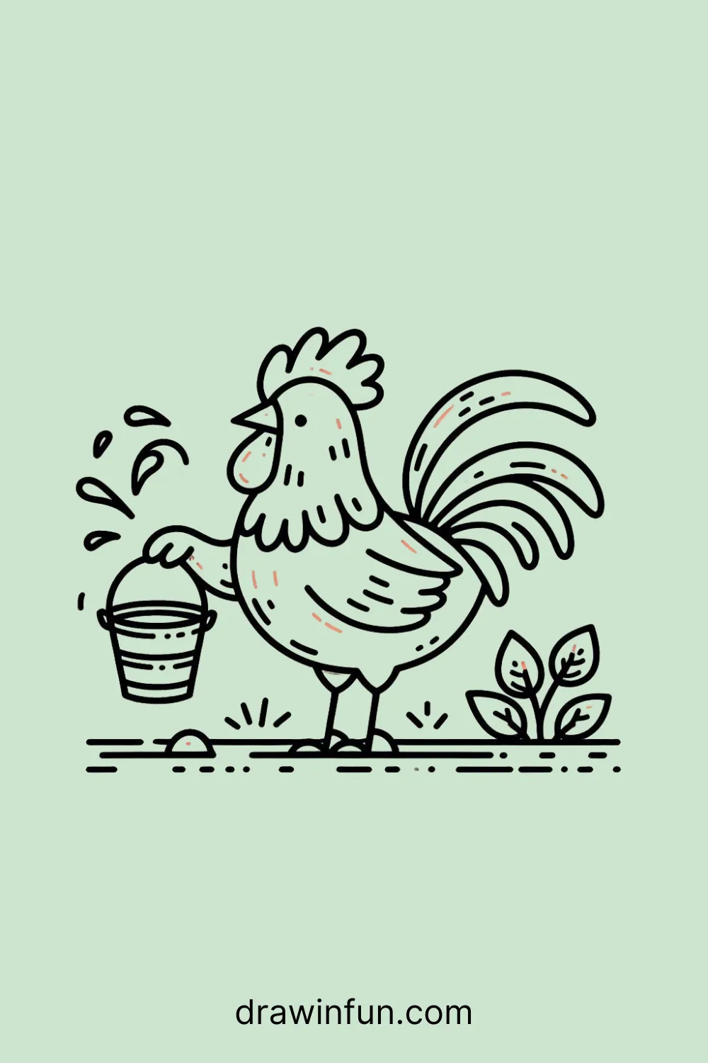 A rooster standing by a water bucket easy drawing