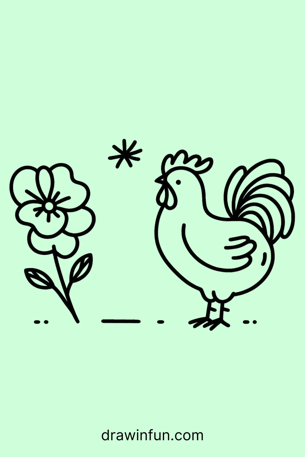 A rooster next to a blooming flower easy drawing