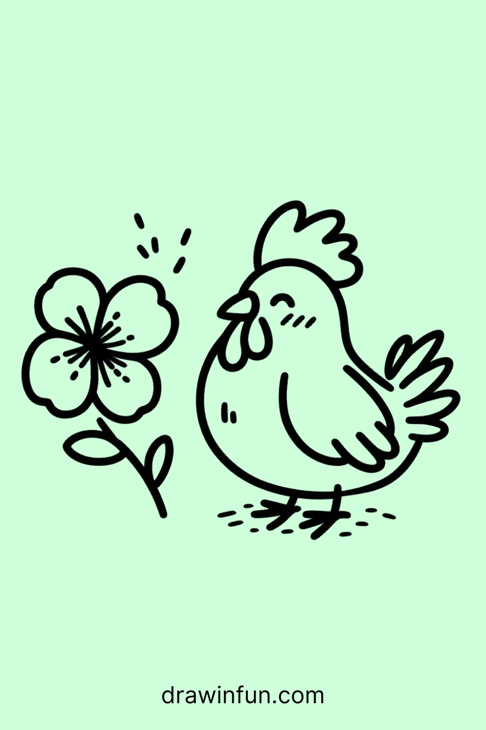 A rooster next to a blooming flower easy drawing