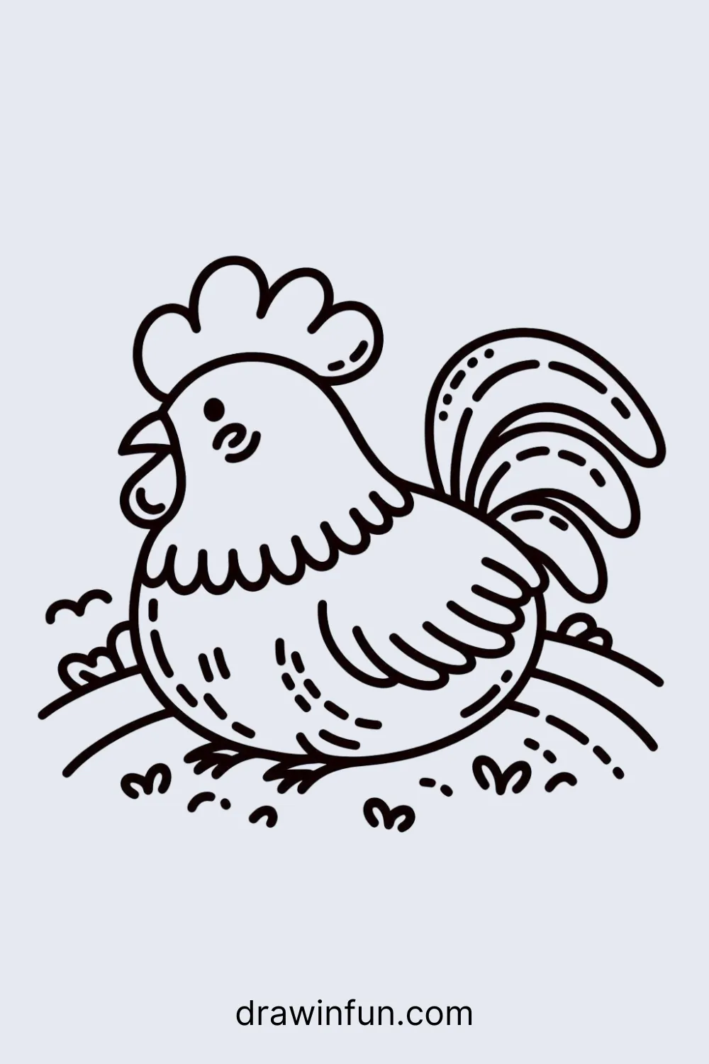 A rooster sitting on a grassy hill easy drawing