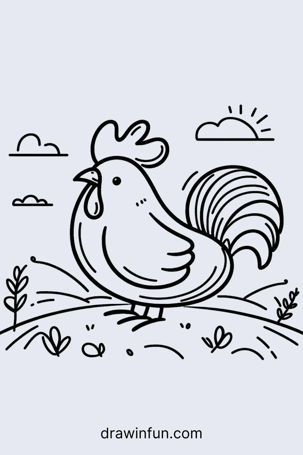 A rooster sitting on a grassy hill easy drawing