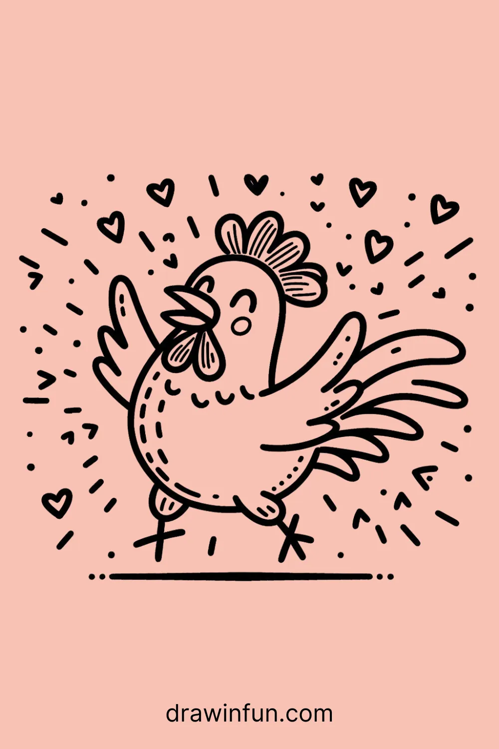 A rooster surrounded by small hearts easy drawing