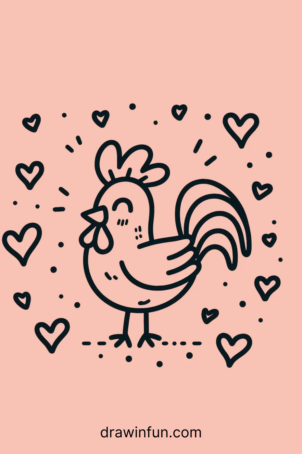 A rooster surrounded by small hearts easy drawing