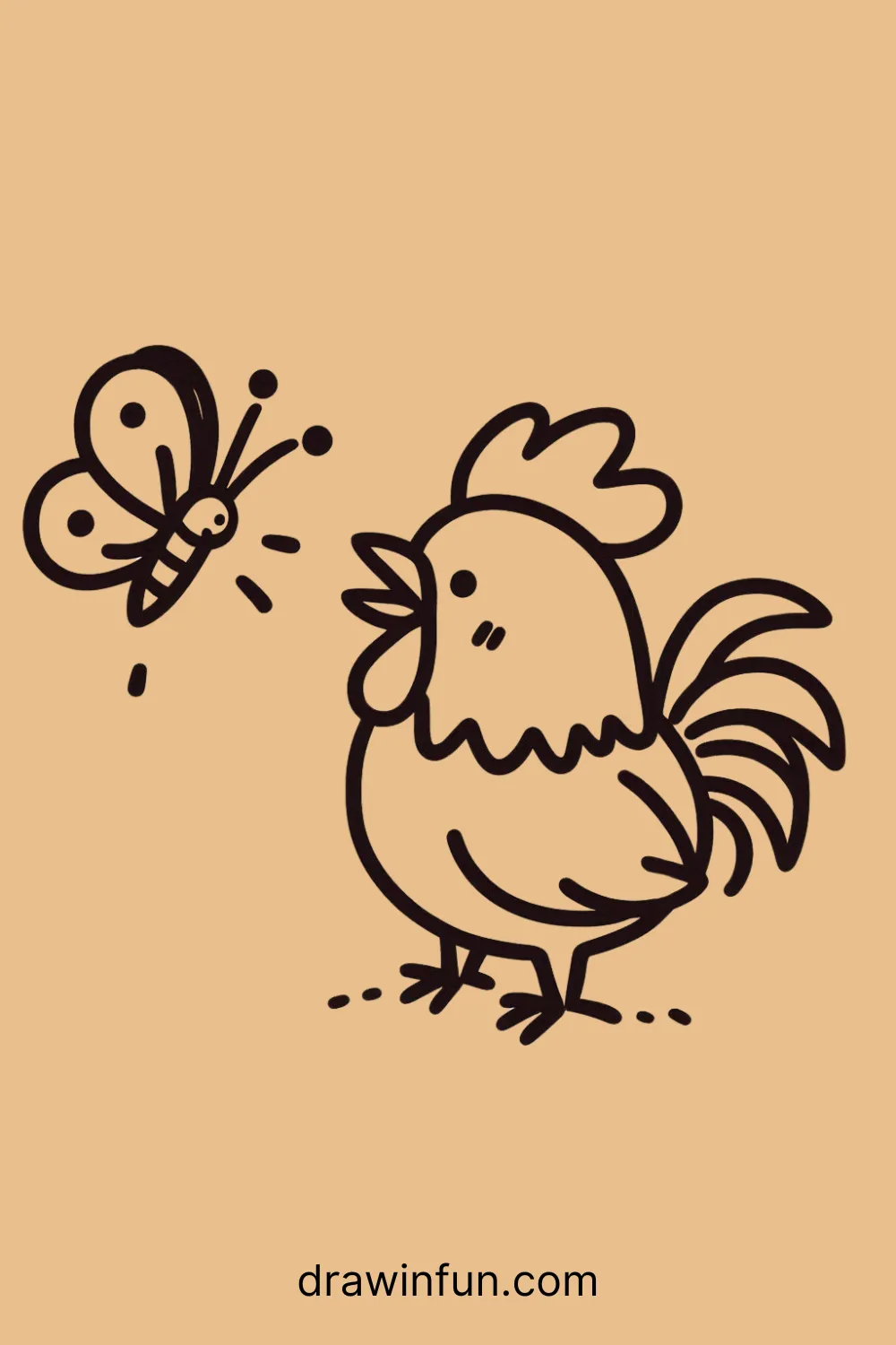 A rooster looking at a butterfly easy drawing