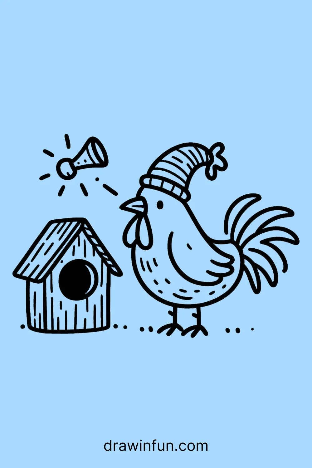 A rooster standing by a birdhouse easy drawing