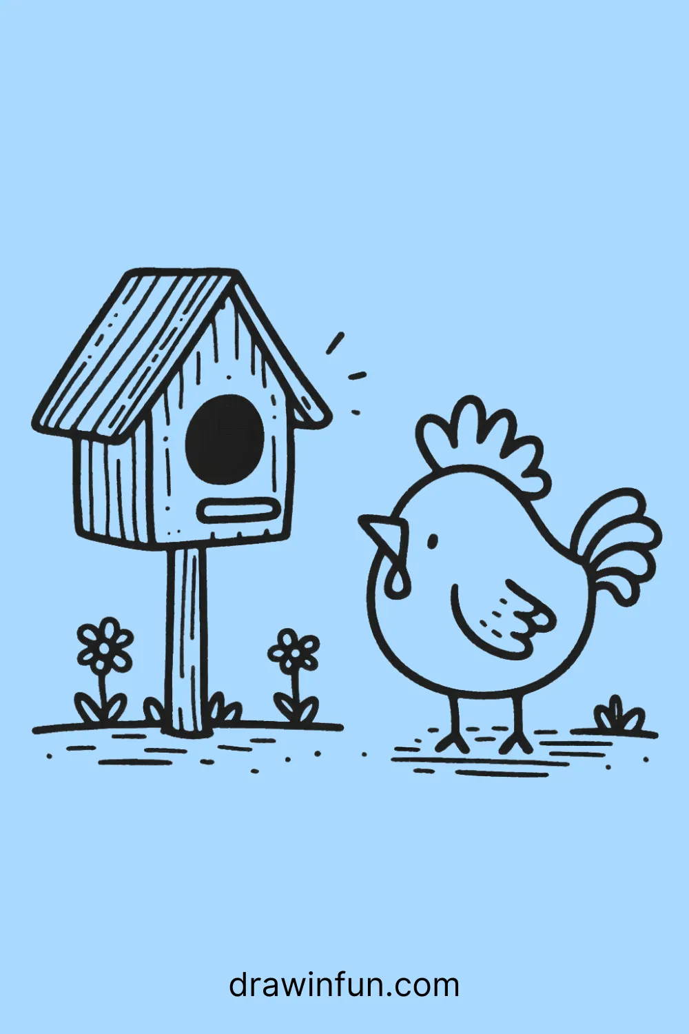 A rooster standing by a birdhouse easy drawing