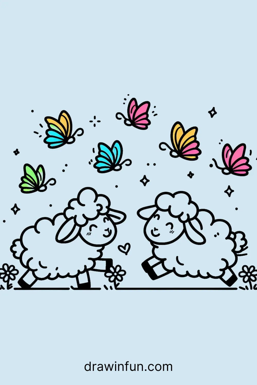 A sheep chasing butterflies easy drawing