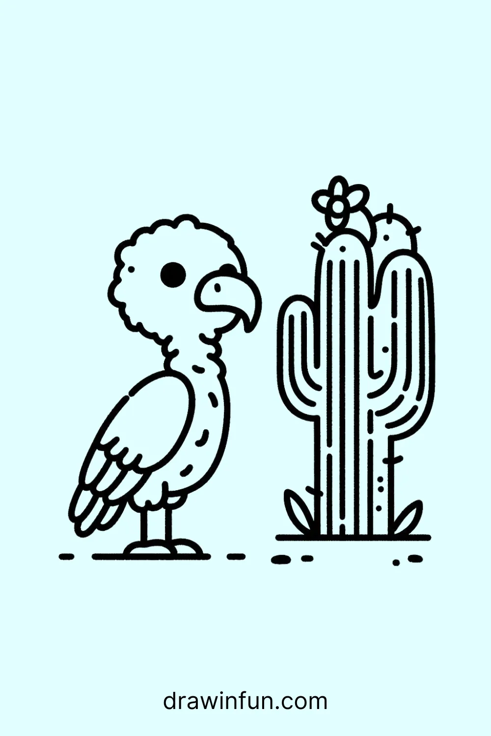 Vulture standing next to a cactus easy drawing