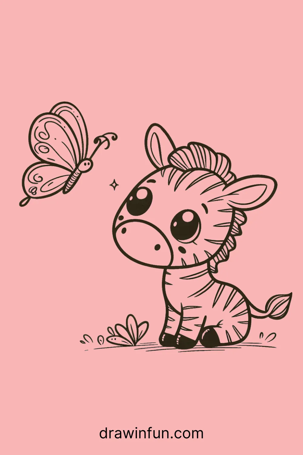 A zebra looking at a butterfly easy drawing