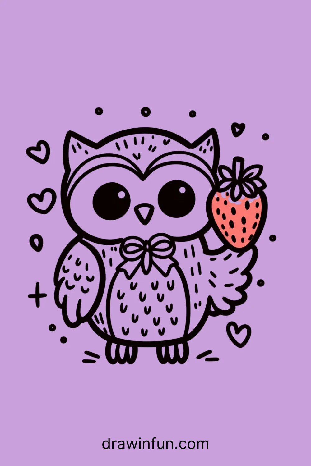 Owl holding a small strawberry easy drawing