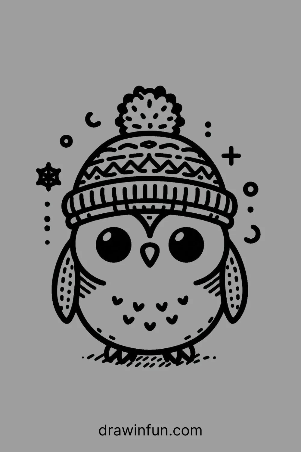 Owl in a Winter Hat easy drawing