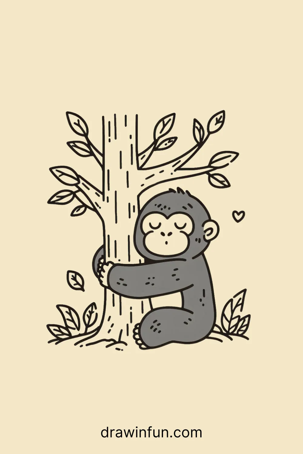 Gorilla hugging a tree easy drawing