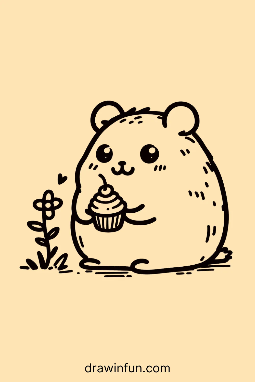 Hamster with a tiny cupcake easy drawing