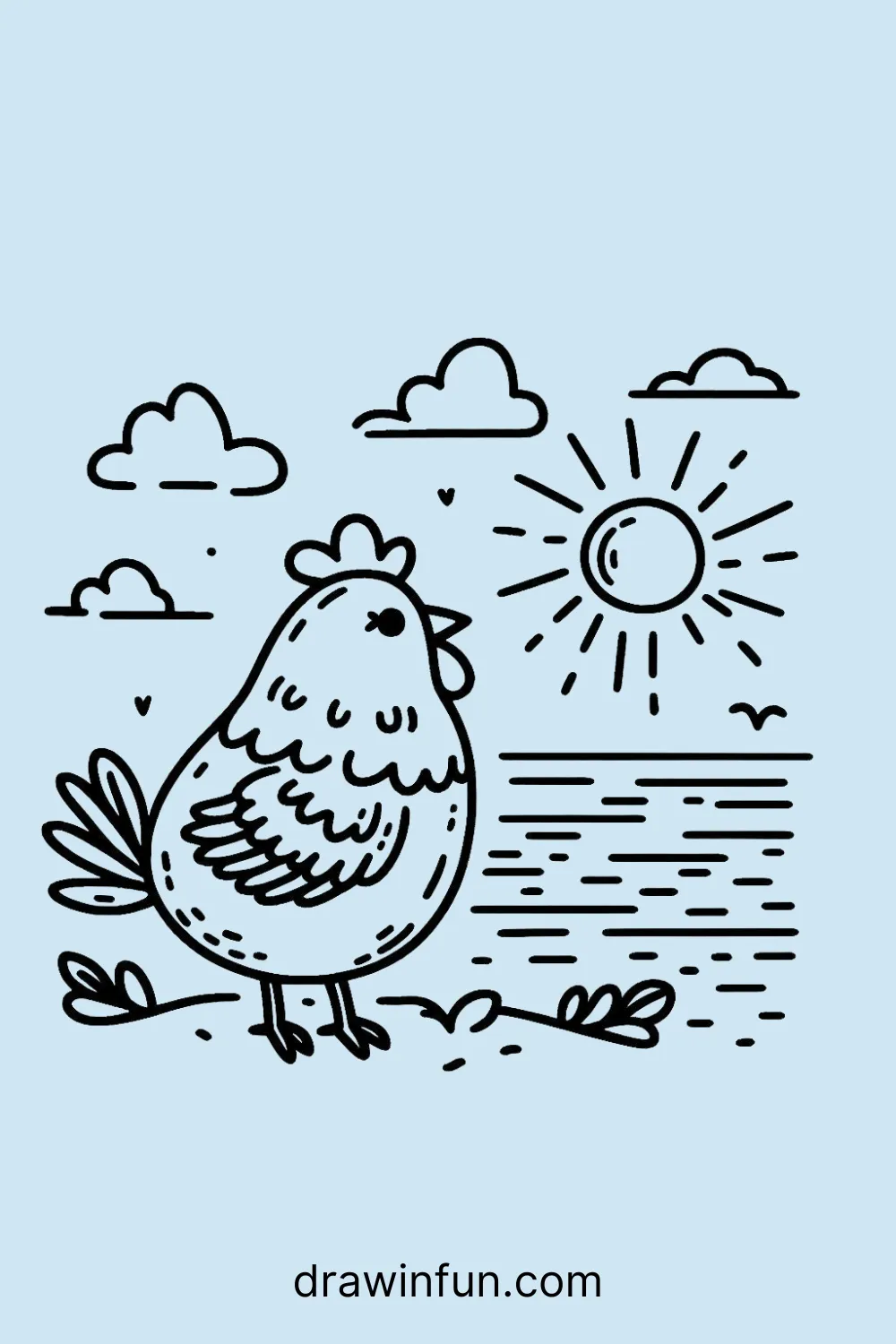 Hen Watching the Sunset easy drawing