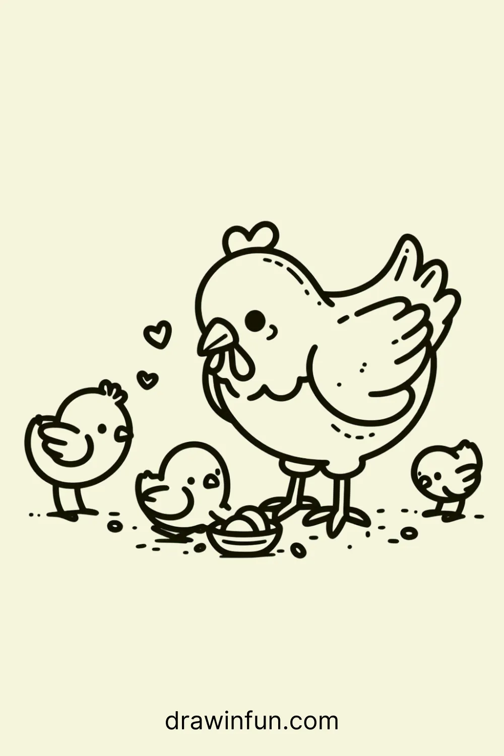 Hen and Chicks Pecking at Food easy drawing