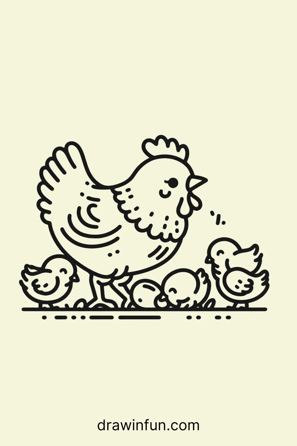 Hen and Chicks Pecking at Food easy drawing