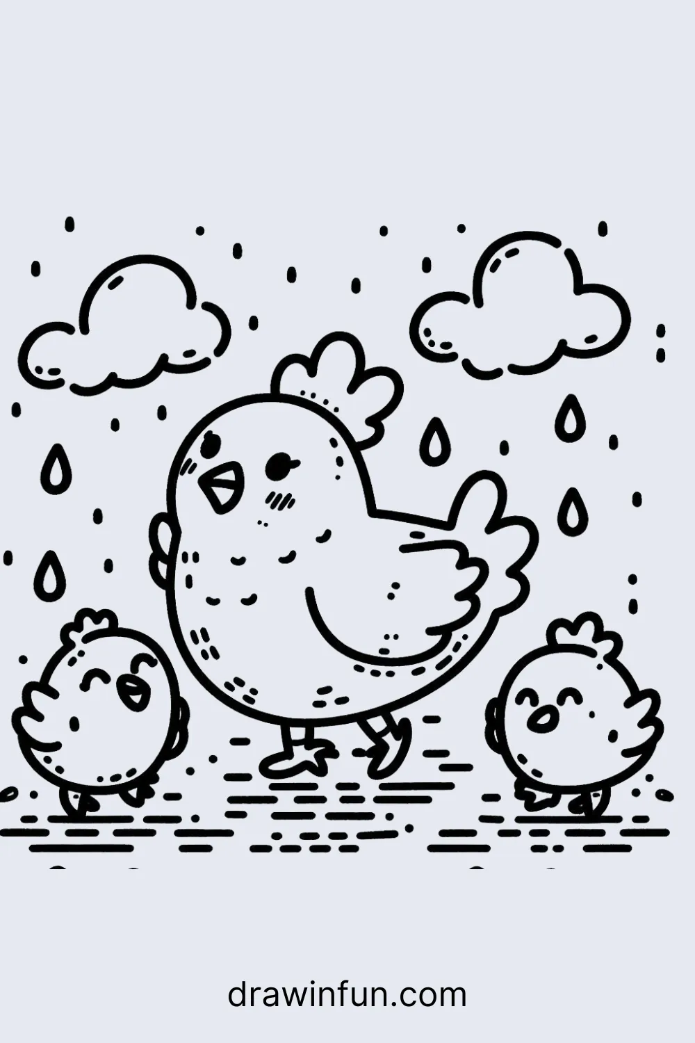 Hen and Chicks in the Rain easy drawing