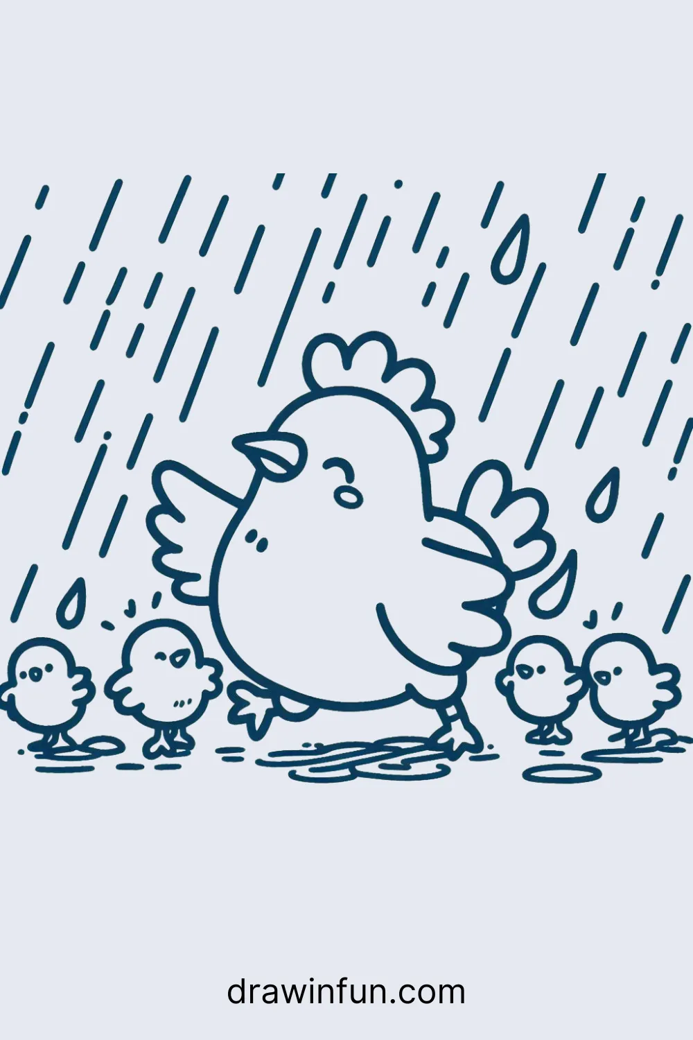 Hen and Chicks in the Rain easy drawing