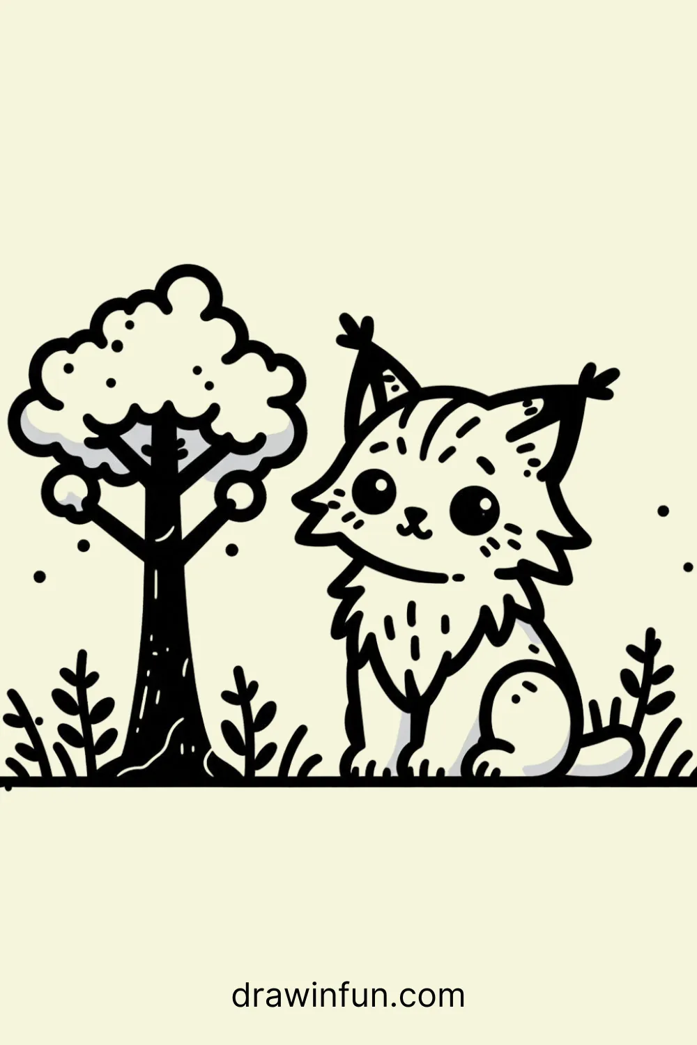 Lynx sitting next to a small tree easy drawing