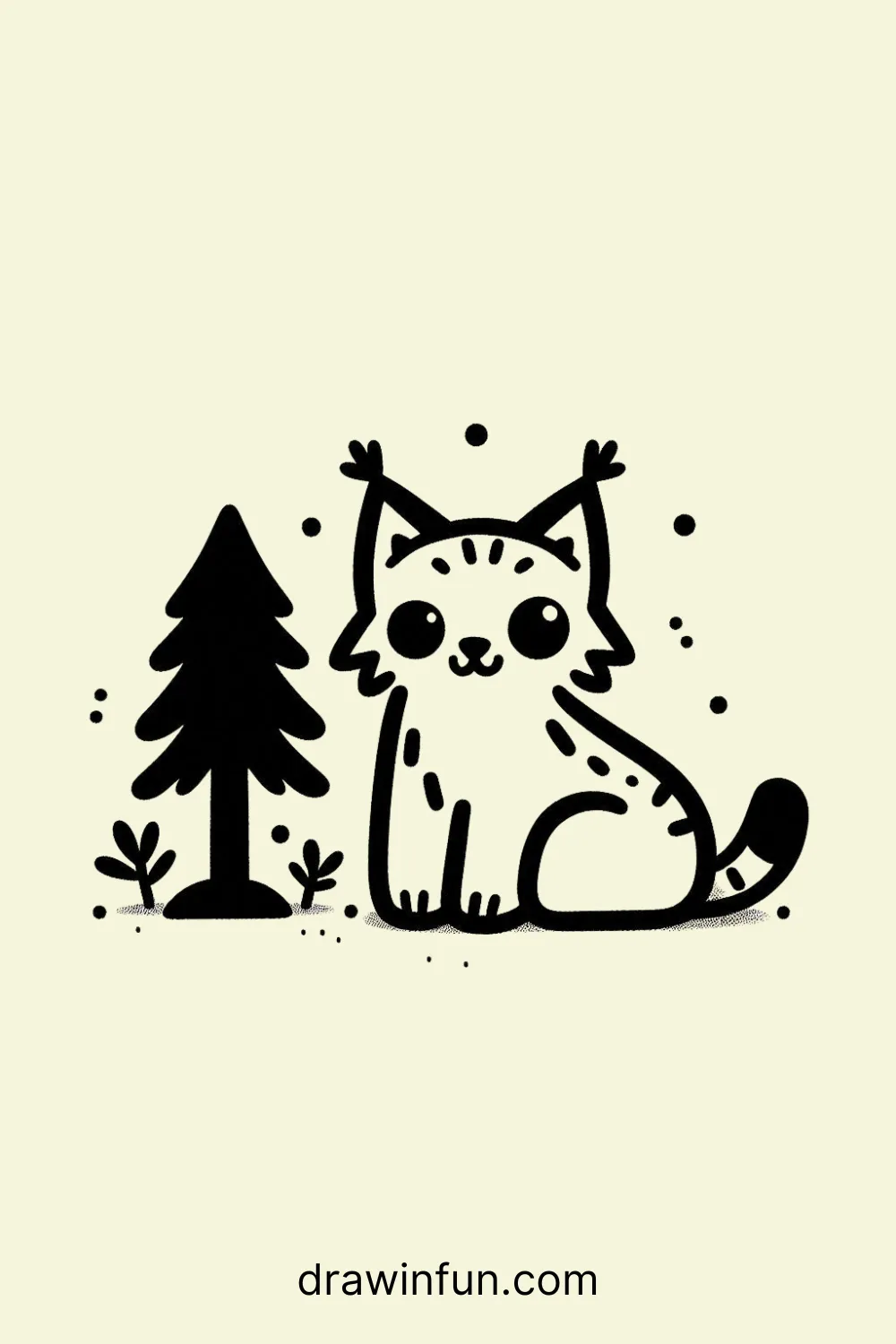 Lynx sitting next to a small tree easy drawing