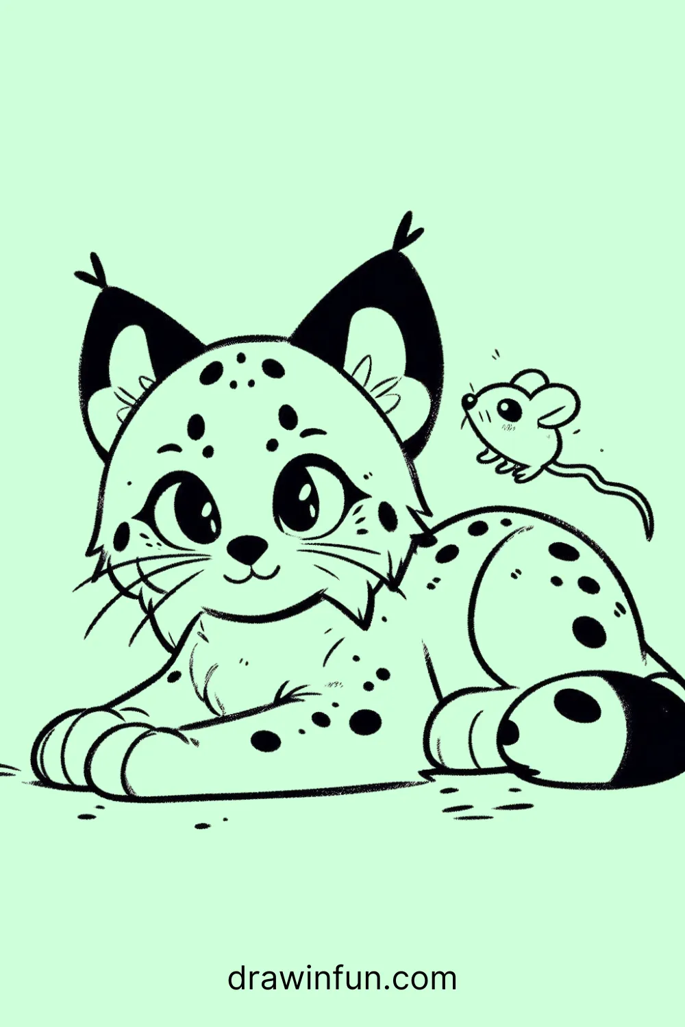 Lynx with a tiny mouse easy drawing