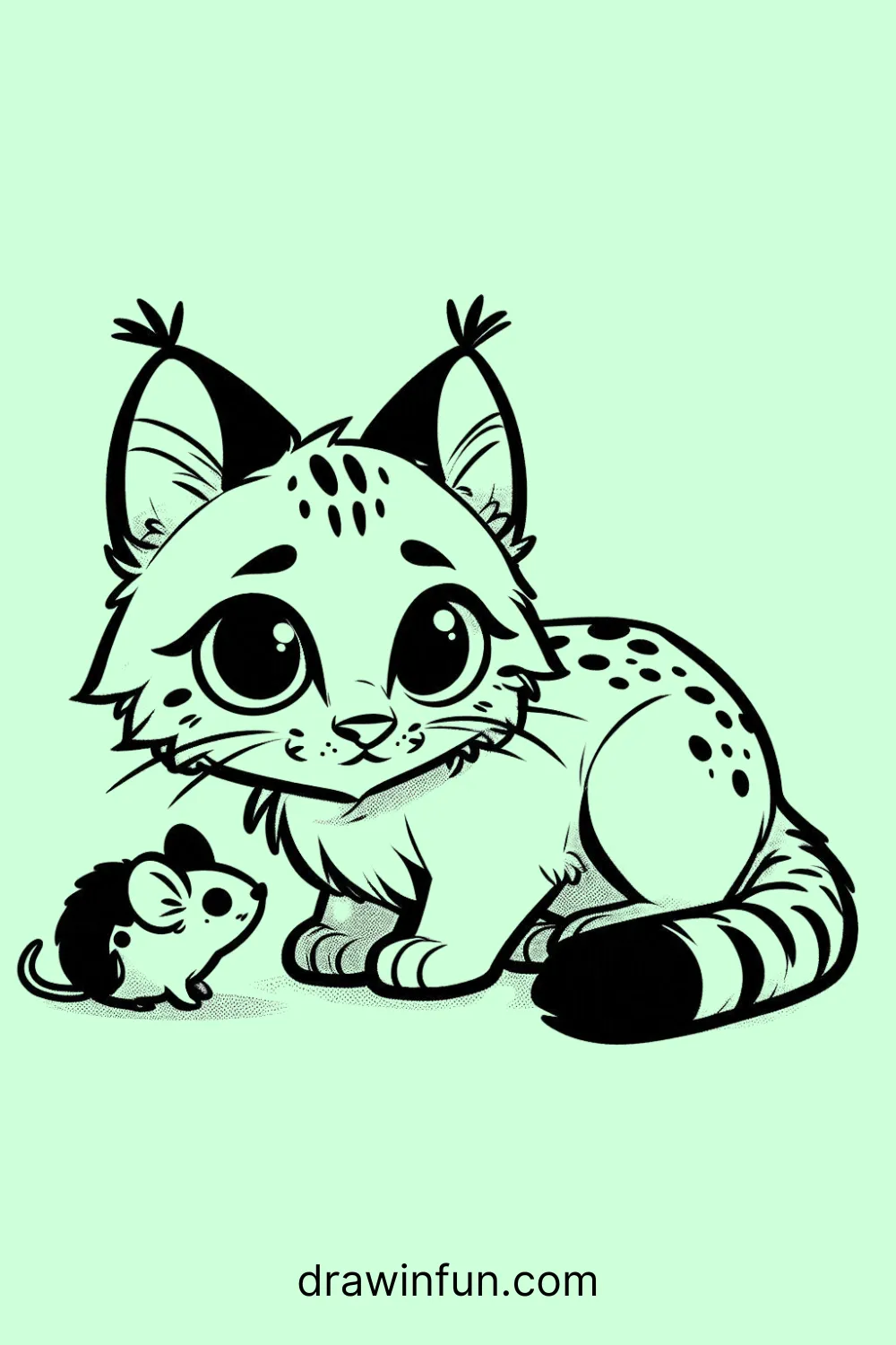 Lynx with a tiny mouse easy drawing