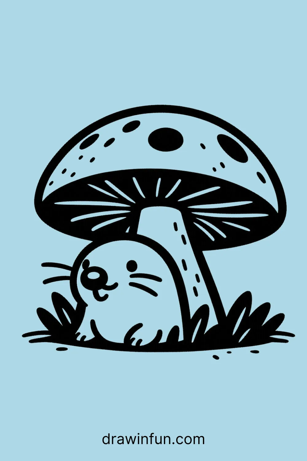 Mole peeking out from behind a mushroom easy drawing