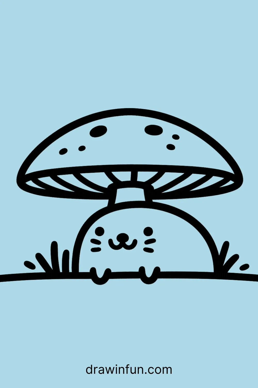 Mole peeking out from behind a mushroom easy drawing