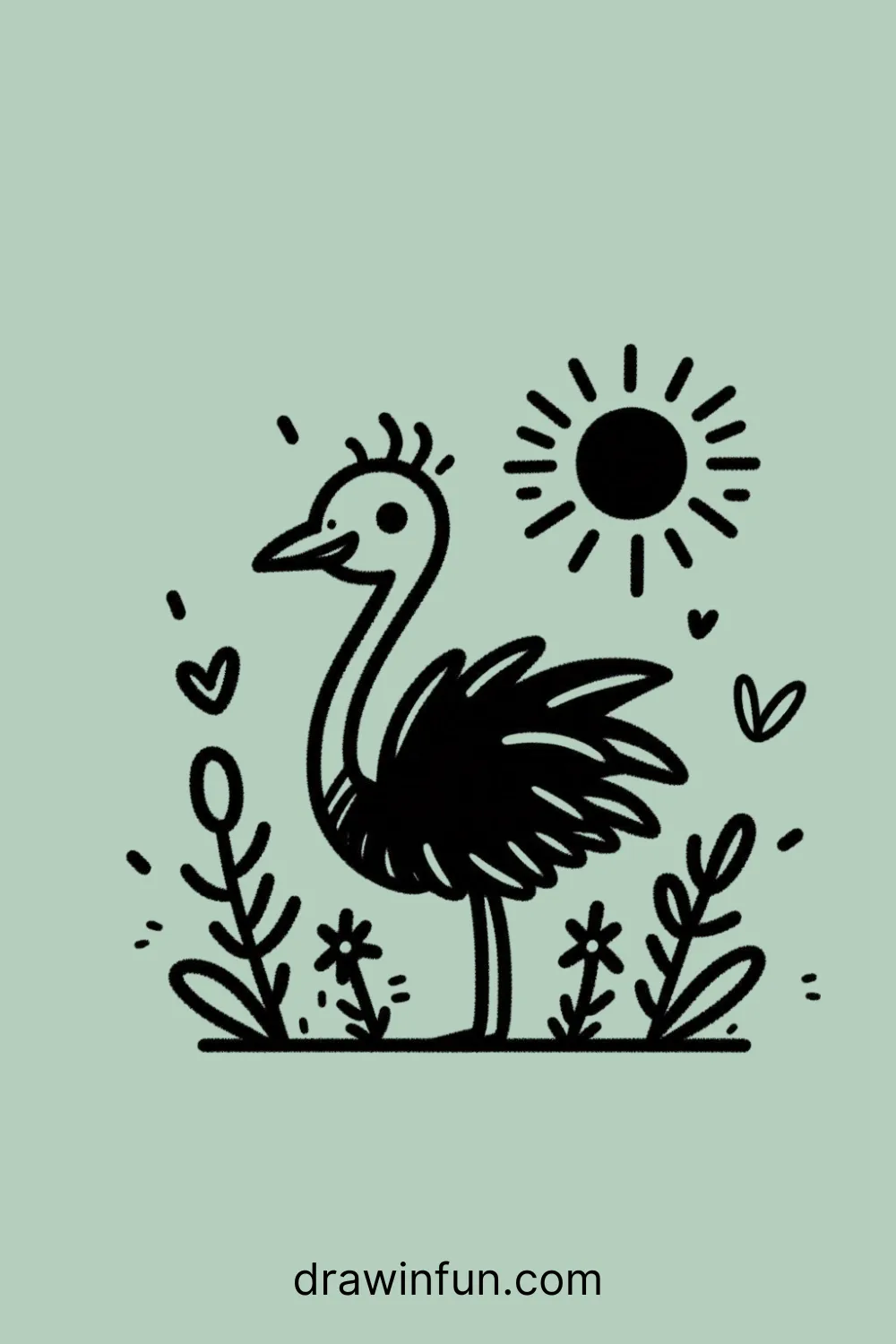 Ostrich with a Sun easy drawing