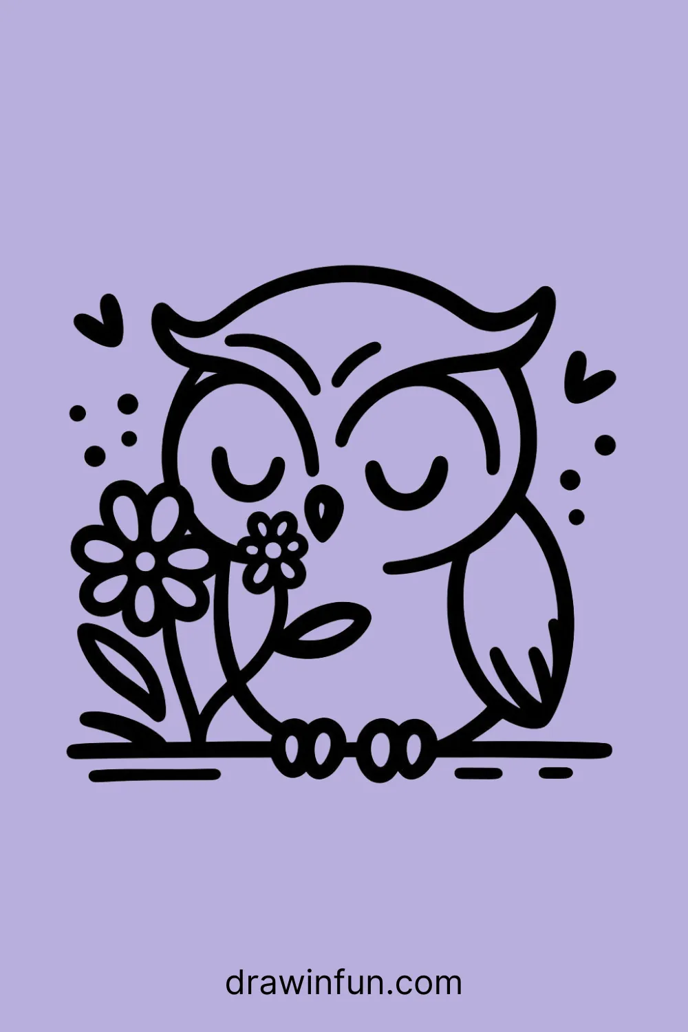 Owl with a Flower easy drawing