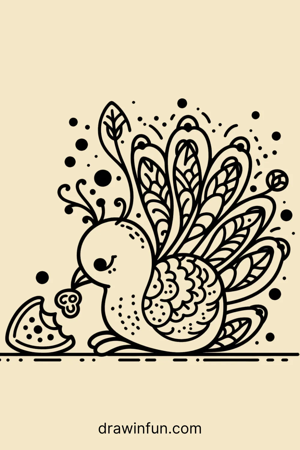 Peacock eating a piece of fruit easy drawing