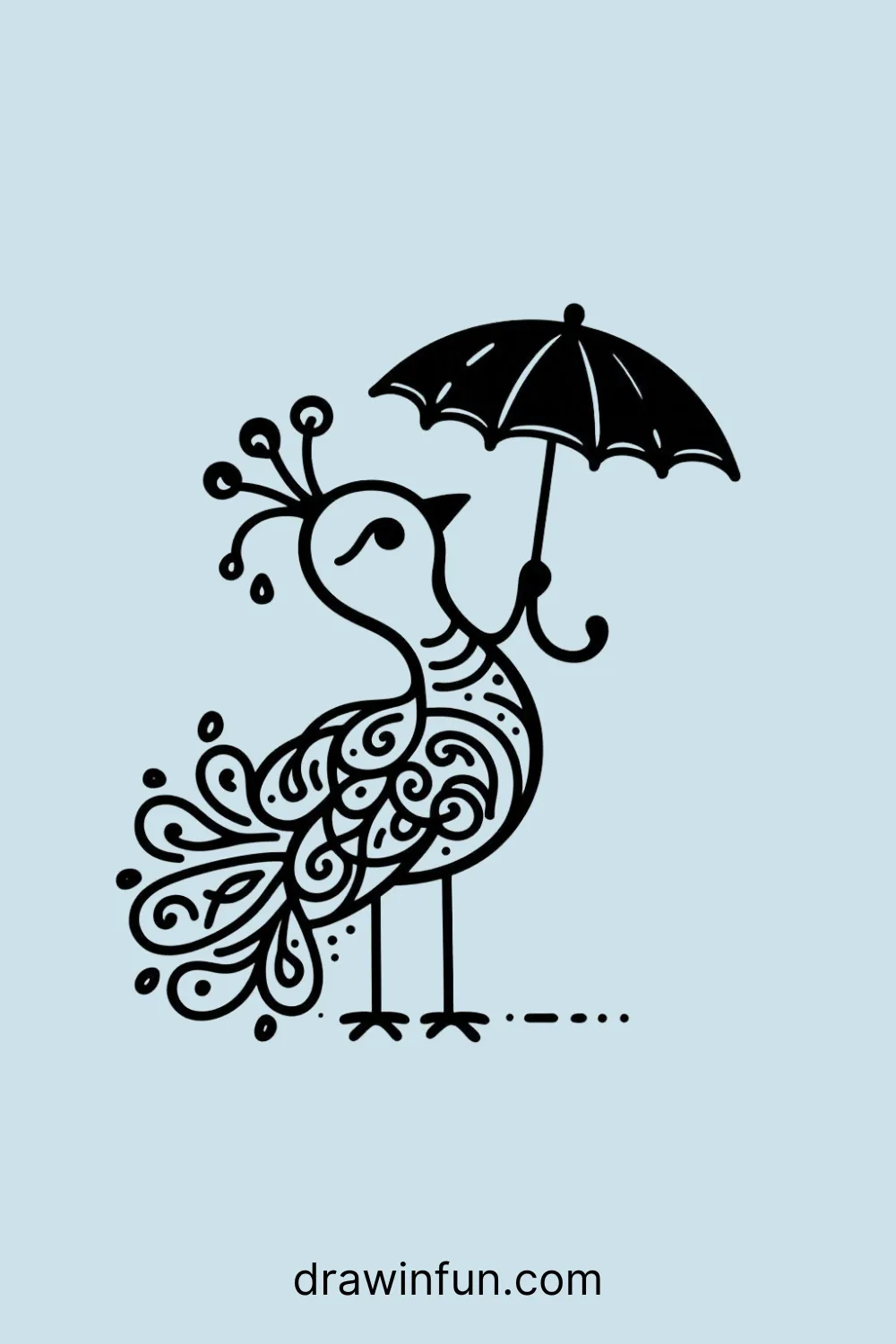 Peacock holding a tiny umbrella easy drawing