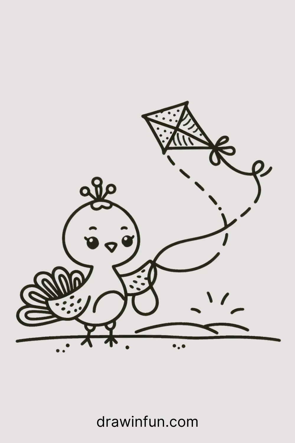 Peacock playing with a toy kite easy drawing