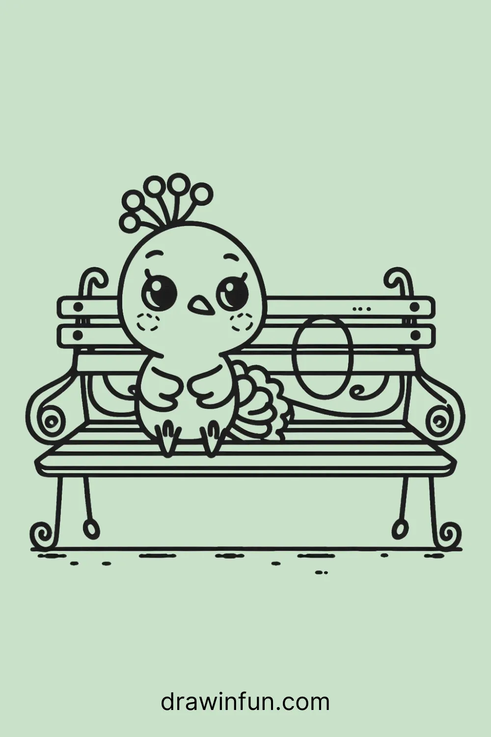 Peacock sitting on a park bench easy drawing