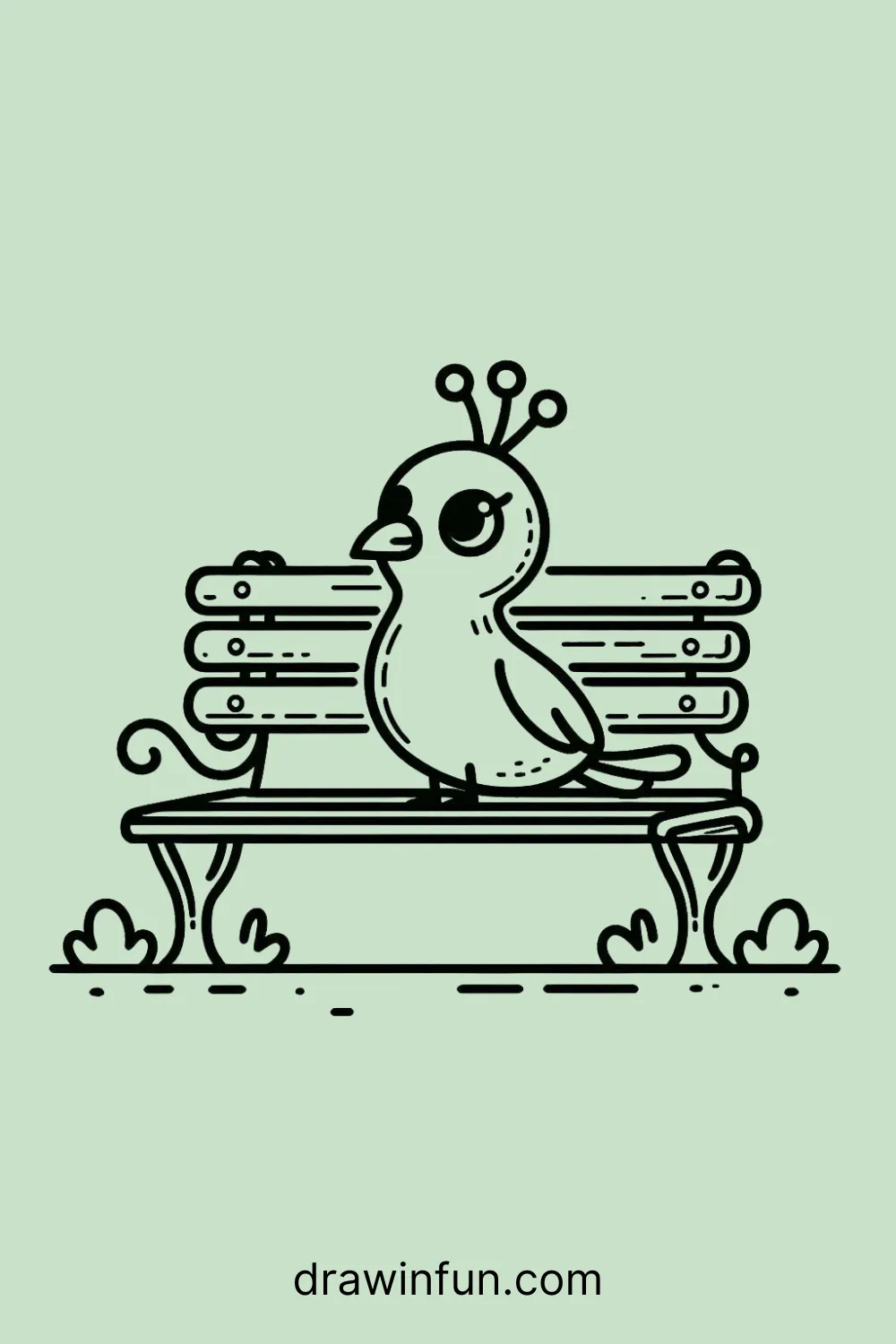 Peacock sitting on a park bench easy drawing