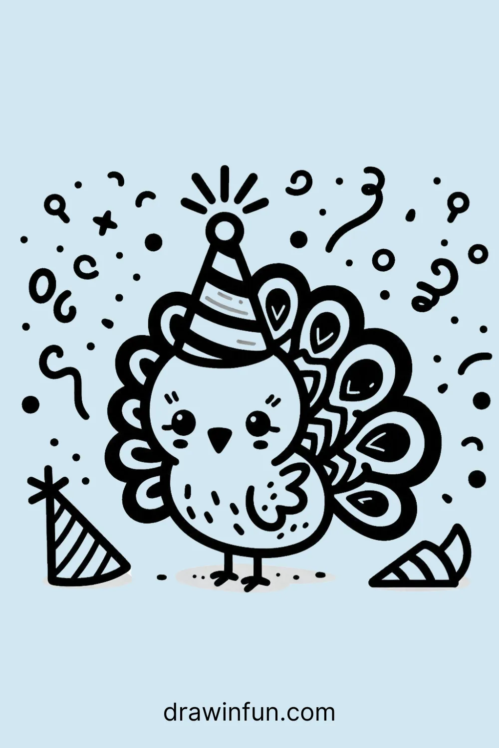 Peacock with a party hat easy drawing