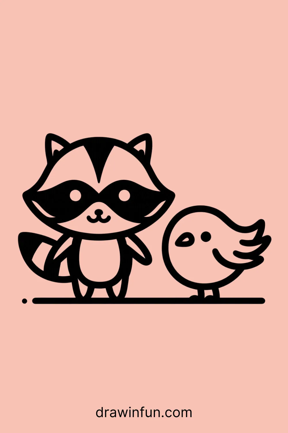 Raccoon and a little bird easy drawing