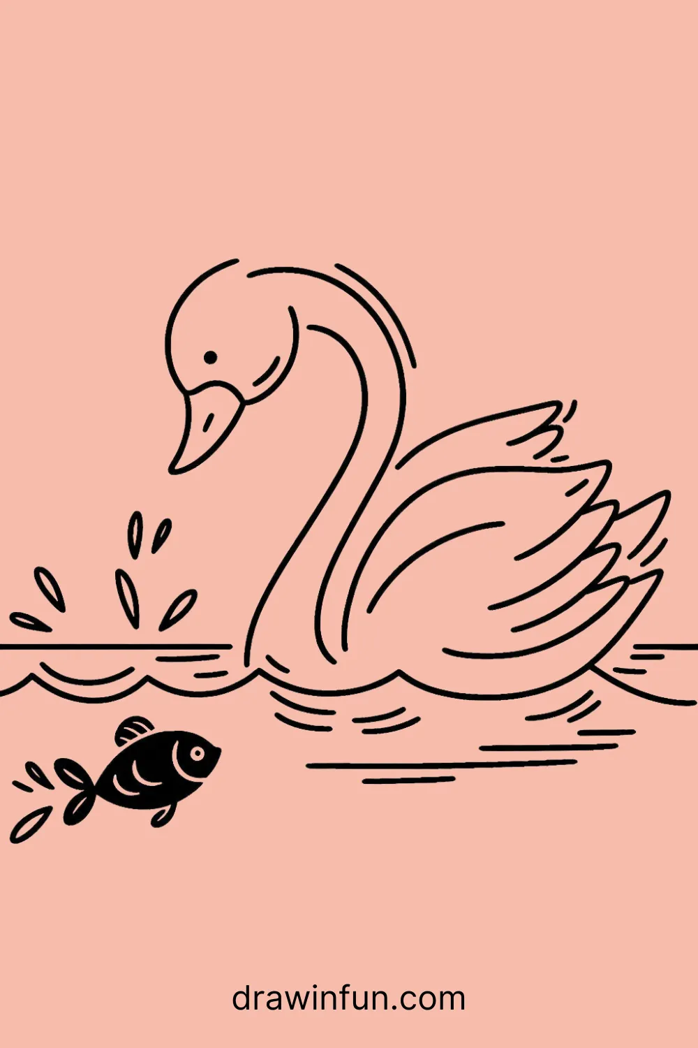 Swan with a tiny fish easy drawing