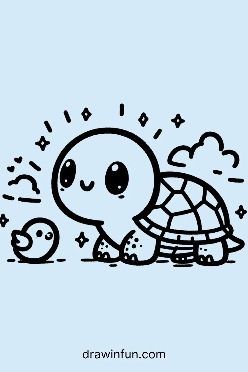 Tortoise with a Tiny Bird easy drawing