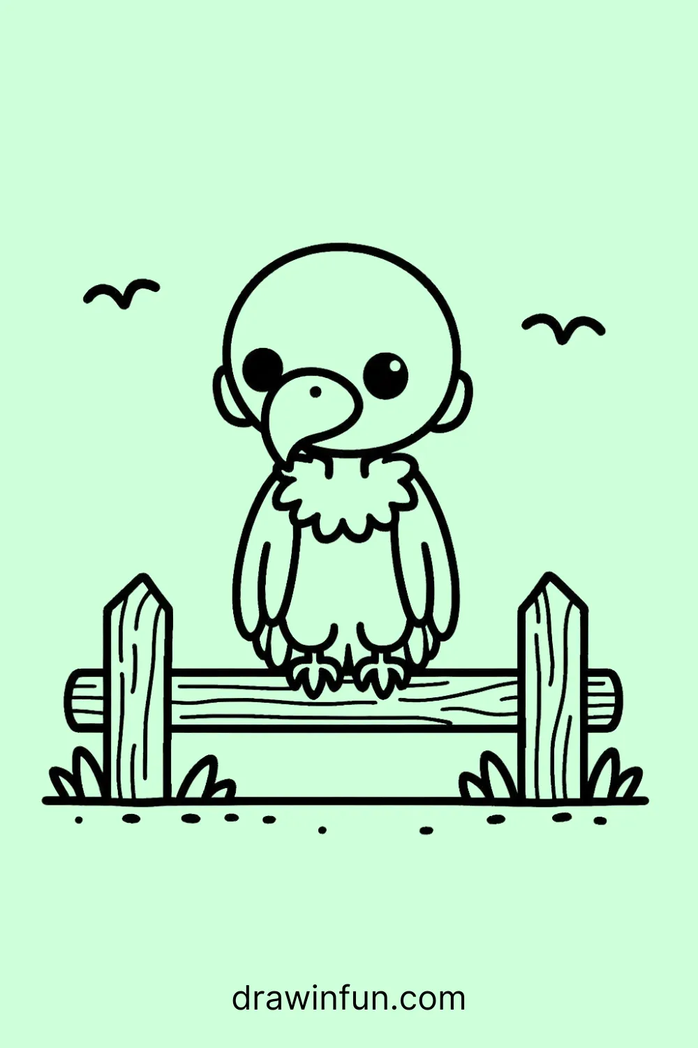 Vulture standing by a wooden fence easy drawing