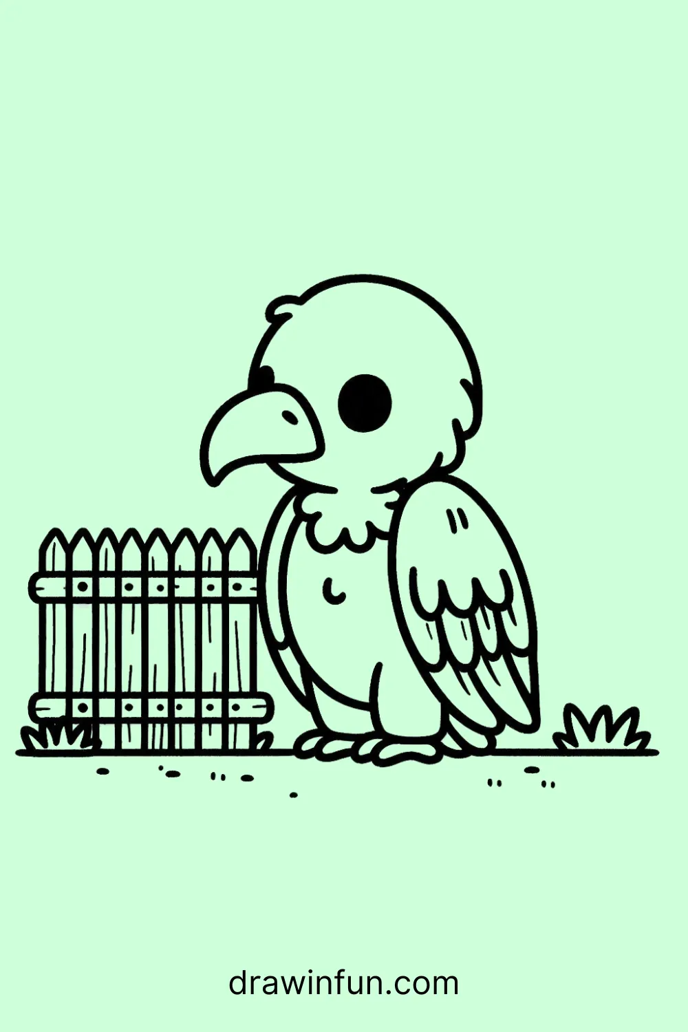 Vulture standing by a wooden fence easy drawing