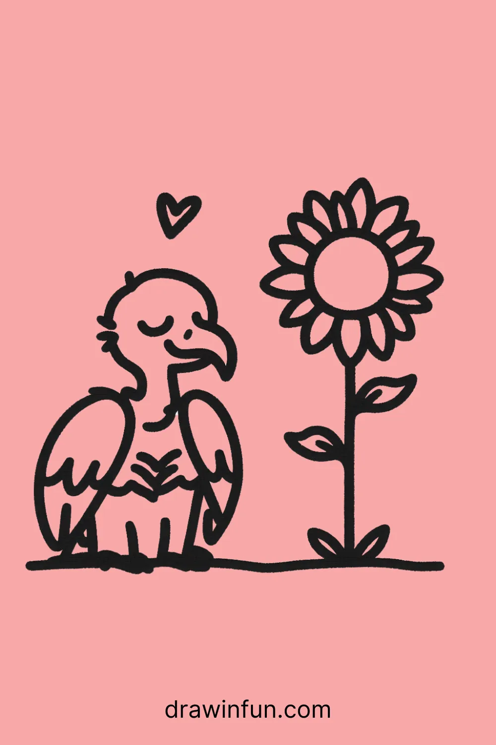 Vulture with a Small Sunflower easy drawing