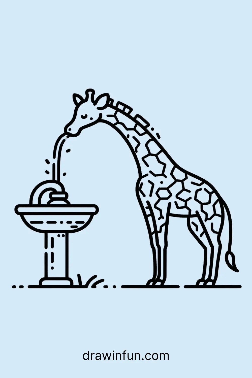 A giraffe drinking from a small fountain easy drawing