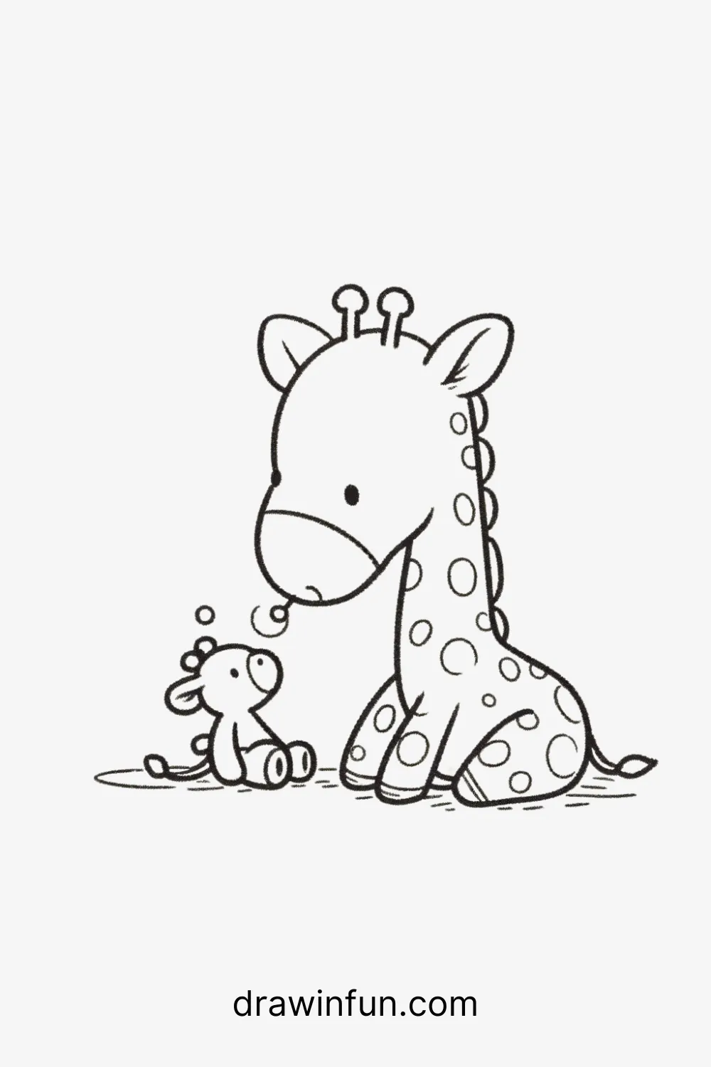 A giraffe nuzzling a small stuffed animal easy drawing