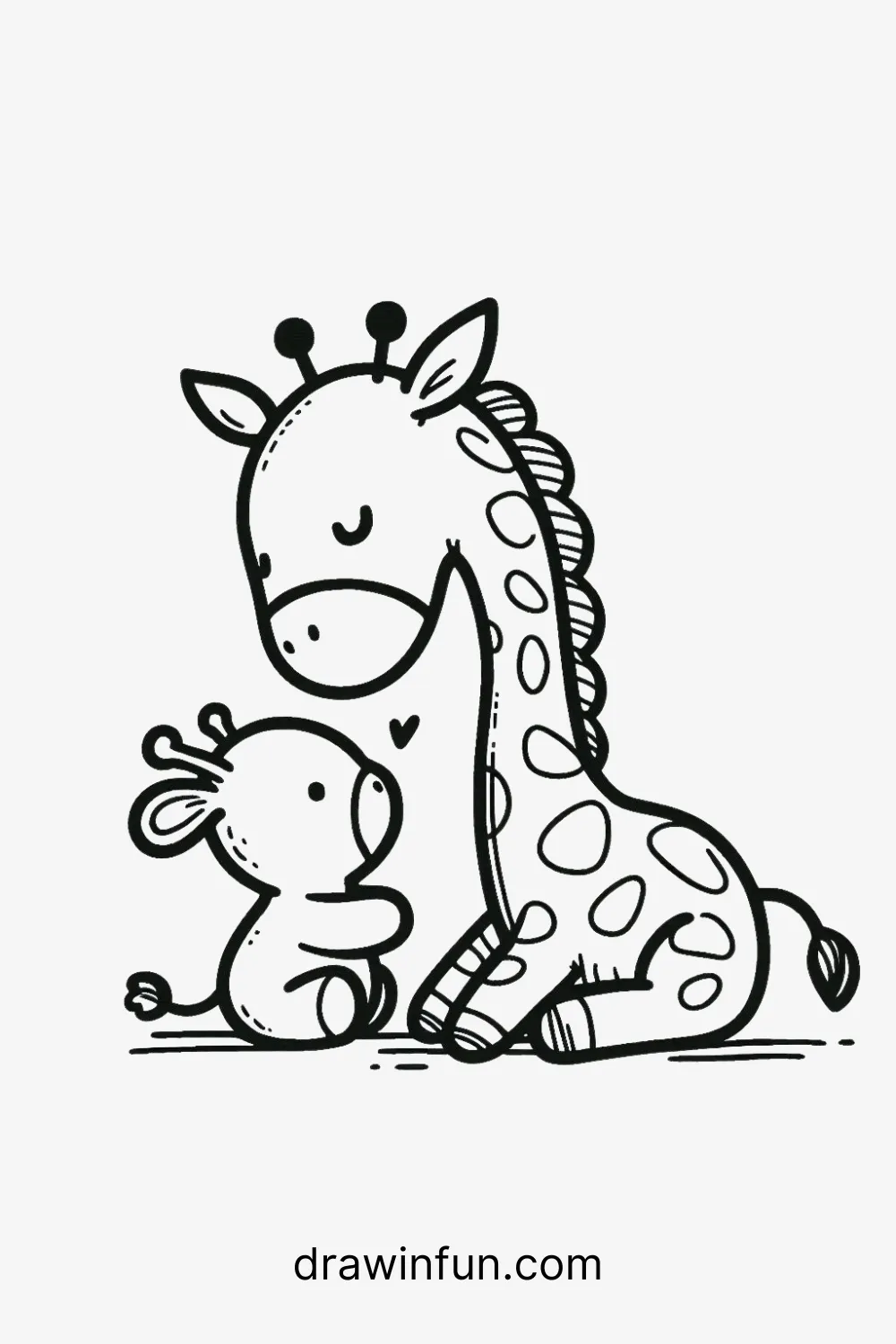 A giraffe nuzzling a small stuffed animal easy drawing