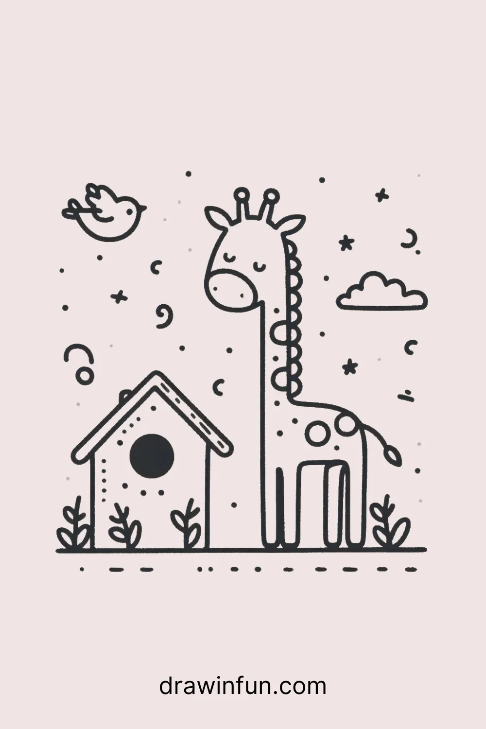 A giraffe standing next to a birdhouse easy drawing